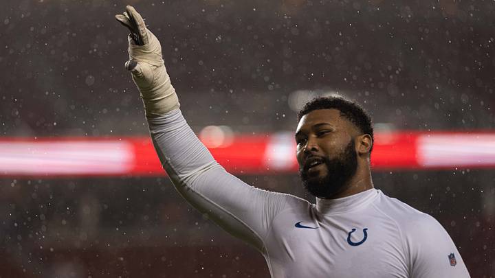 Oct 24, 2021; Santa Clara, California, USA; Indianapolis Colts defensive tackle DeForest Buckner (99) waves at fans after defeating the San Francisco 49ers at Levi's Stadium. Mandatory Credit: Stan Szeto-USA TODAY Sports Oct 24, 2021; Santa Clara, California, USA; Indianapolis Colts defensive tackle DeForest Buckner (99) waves at fans after defeating the San Francisco 49ers at Levi's Stadium. Mandatory Credit: Stan Szeto-USA TODAY Sports