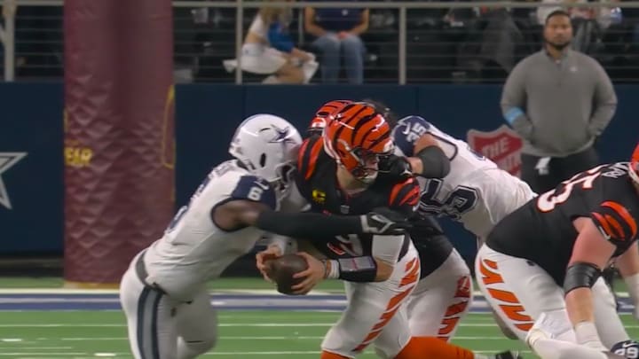 Joe Burrow is tackled by his face mask against the Dallas Cowboys. Joe Burrow is tackled by his face mask against the Dallas Cowboys.