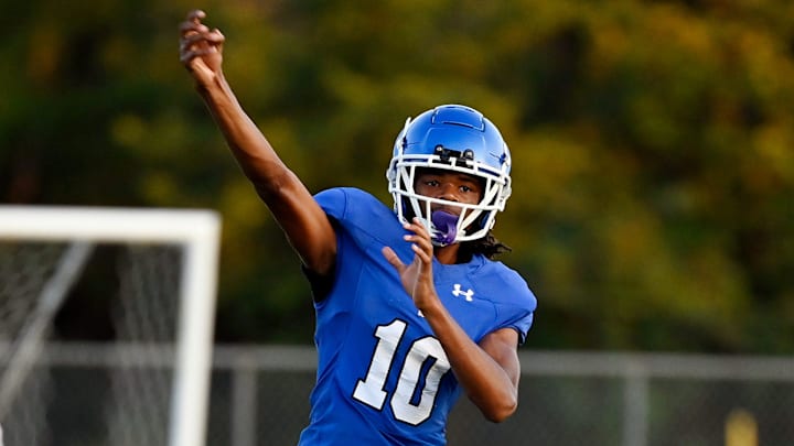 Antioch quarterback Andre Adams (10) passes the ball against James Lawson during an high school football scrimmage Thursday, Aug. 15, 2024, in Antioch, Tenn.