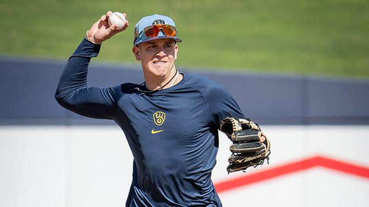 Milwaukee Brewers infielder Cooper Pratt throws to the ball during spring training workouts Tuesday, February 17, 2026, at American Family Fields of Phoenix in Phoenix, Arizona. Milwaukee Brewers infielder Cooper Pratt throws to the ball during spring training workouts Tuesday, February 17, 2026, at American Family Fields of Phoenix in Phoenix, Arizona.