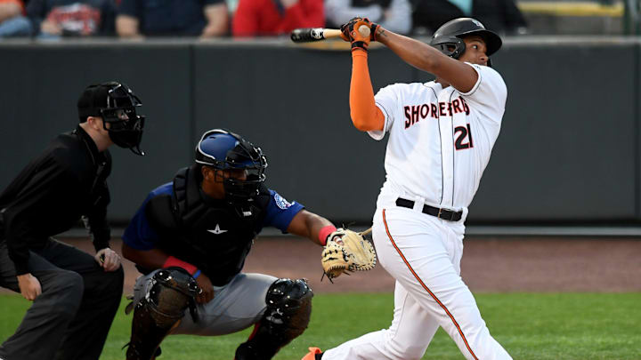 Shorebirds' Samuel Basallo (21) swings in the game against the Cannon Ballers Tuesday, April 11, 2023, at Perdue Stadium in Salisbury, Maryland. The Shorebirds defeated the Cannon Ballers 7-2.