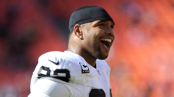 Oct 28, 2012; Kansas City, MO, USA; Oakland Raiders defensive tackle Richard Seymour (92) warms up before the game with the Kansas City Chiefs at Arrowhead Stadium. Mandatory Credit: John Rieger-Imagn Images Oct 28, 2012; Kansas City, MO, USA; Oakland Raiders defensive tackle Richard Seymour (92) warms up before the game with the Kansas City Chiefs at Arrowhead Stadium. Mandatory Credit: John Rieger-Imagn Images