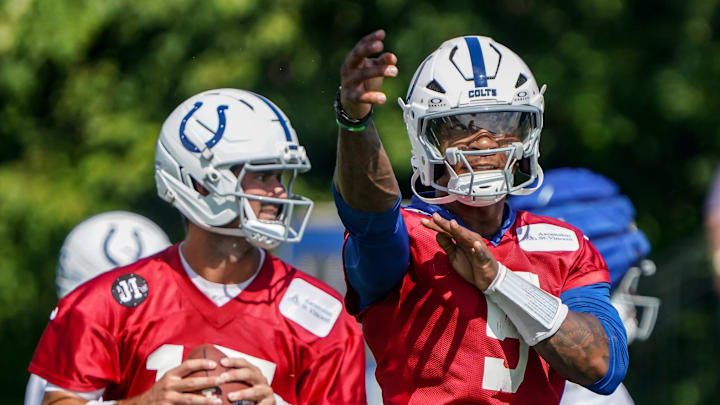 Indianapolis Colts players Daniel Jones (17) and Anthony Richardson Sr. (5) throw passes during the Colts training camp at Grand Park on Saturday, July 26, 2025, in Westfield, Ind. Indianapolis Colts players Daniel Jones (17) and Anthony Richardson Sr. (5) throw passes during the Colts training camp at Grand Park on Saturday, July 26, 2025, in Westfield, Ind.