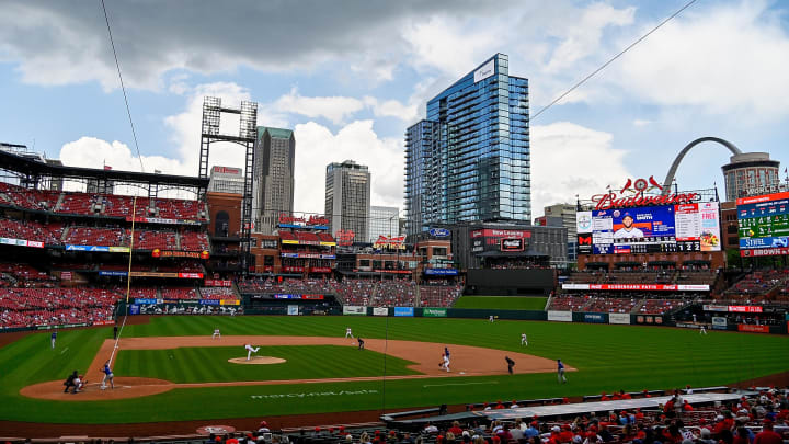 May 6, 2021; St. Louis, Missouri, USA; A general view of Busch Stadium as a storm cell moves through the area during the sixth inning of a game between the St. Louis Cardinals and the New York Mets. Mandatory Credit: Jeff Curry-USA TODAY Sports May 6, 2021; St. Louis, Missouri, USA; A general view of Busch Stadium as a storm cell moves through the area during the sixth inning of a game between the St. Louis Cardinals and the New York Mets. Mandatory Credit: Jeff Curry-USA TODAY Sports