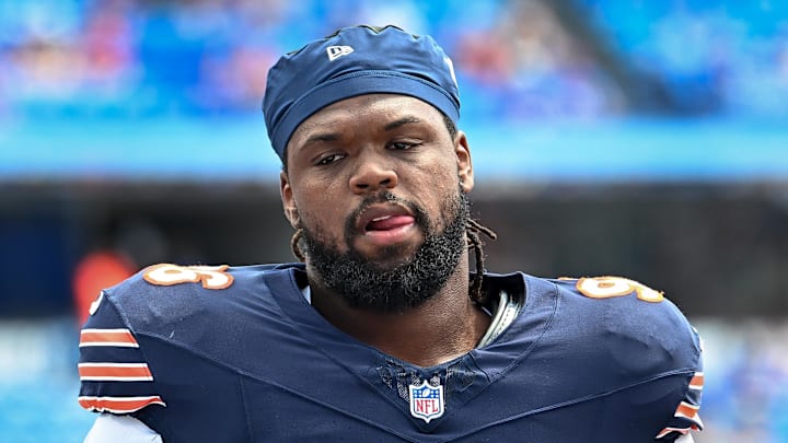 Aug 10, 2024; Orchard Park, New York, USA; Chicago Bears defensive tackle Zacch Pickens (96) warms up before a pre-season game against the Buffalo Bills at Highmark Stadium. Mandatory Credit: Mark Konezny-Imagn Images