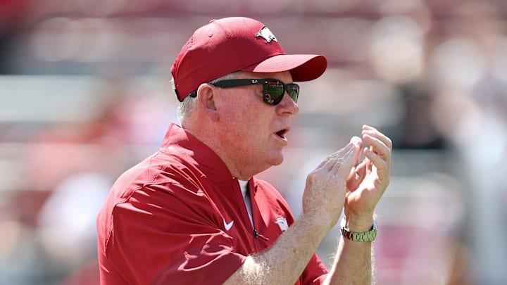 Aug 30, 2025; Fayetteville, Arkansas, USA; Arkansas Razorbacks offensive coordinator and quarterbacks coach Bobby Petrino prior to the game against the Alabama A&M Bulldogs at Donald W. Reynolds Razorback Stadium. Mandatory Credit: Nelson Chenault-Imagn Images