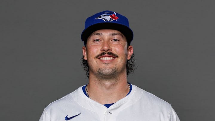 Feb 20, 2026; Dunedin, FL, USA; Toronto Blue Jays pitcher Nate Garkow (96) poses for a photo during media day at the Player Development Complex. Mandatory Credit: Mike Watters-Imagn Images