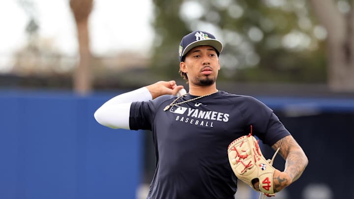 Feb 12, 2026; Tampa, FL, USA;  New York Yankees pitcher Yovanny Cruz (96) works out during spring training workouts at George M. Steinbrenner Field. Mandatory Credit: Kim Klement Neitzel-Imagn Images