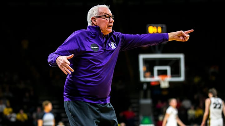 Northwestern head coach Joe McKeown reacts during a NCAA Big Ten Conference women's basketball game against Iowa, Wednesday, Jan. 11, 2023, at Carver-Hawkeye Arena in Iowa City, Iowa.

230111 Northwestern Iowa Wbb 036 Jpg