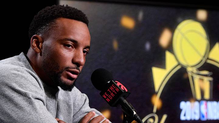 Sep 28, 2019; Toronto, Ontario, Canada; Toronto Raptors guard Norman Powell (24) on the podium during Media Day at Scotiabank Arena. Mandatory Credit: Eric Bolte-USA TODAY Sports