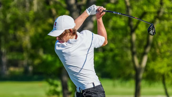 Arrowhead golfer Parker Mayhew drives during the Waukesha County Championship at Wanaki Golf Course in Menomonee Falls, Friday, May 10, 2024.