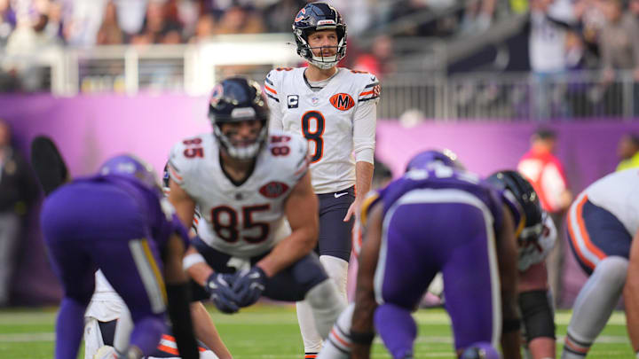 Nov 16, 2025; Minneapolis, Minnesota, USA;  Chicago Bears kicker Cairo Santos (8) lines up for a field goal attempt during the third quarter against the Minnesota Vikings at U.S. Bank Stadium. Mandatory Credit: Brad Rempel-Imagn Images