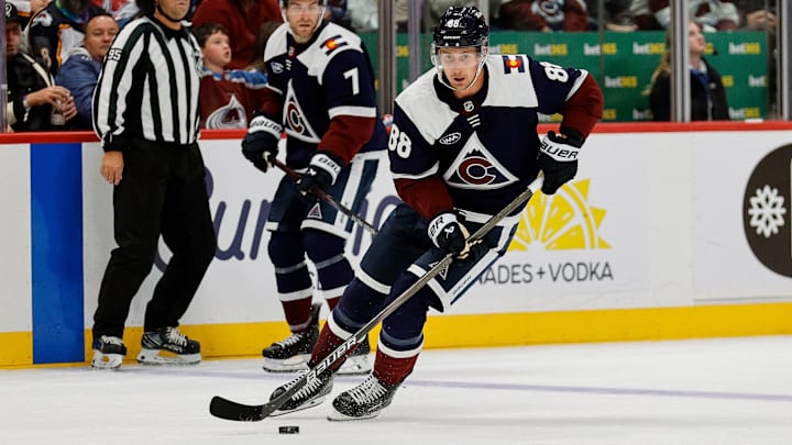 Oct 11, 2025; Denver, Colorado, USA; Colorado Avalanche center Martin Necas (88) controls the puck in the third period against the Dallas Stars at Ball Arena. Mandatory Credit: Isaiah J. Downing-Imagn Images Oct 11, 2025; Denver, Colorado, USA; Colorado Avalanche center Martin Necas (88) controls the puck in the third period against the Dallas Stars at Ball Arena. Mandatory Credit: Isaiah J. Downing-Imagn Images