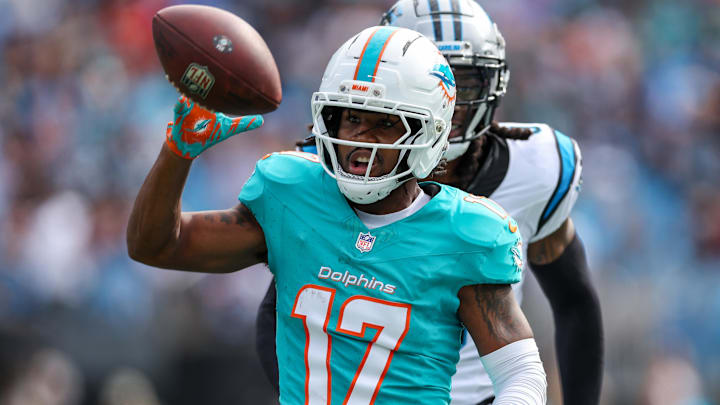 Miami Dolphins wide receiver Jaylen Waddle (17) misses a catch during the fourth quarter against the Carolina Panthers at Bank of America Stadium. Miami Dolphins wide receiver Jaylen Waddle (17) misses a catch during the fourth quarter against the Carolina Panthers at Bank of America Stadium.