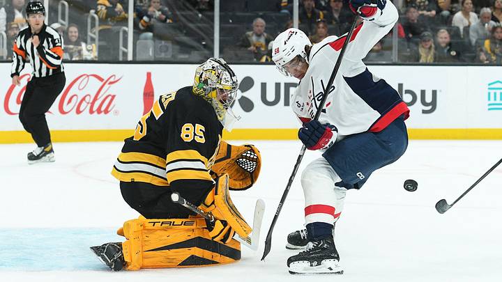 Simon Zajicek (85) makes a save during a preseason game for the Boston Bruins. Mandatory Credit: Bob DeChiara-Imagn Images Simon Zajicek (85) makes a save during a preseason game for the Boston Bruins. Mandatory Credit: Bob DeChiara-Imagn Images