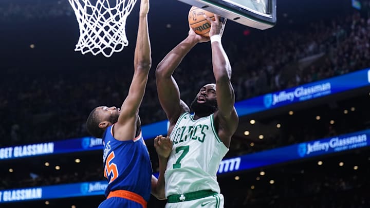 May 5, 2025; Boston, Massachusetts, USA; New York Knicks forward Mikal Bridges (25) defends against Boston Celtics guard Jaylen Brown (7) in the third quarter during game one of the second round for the 2025 NBA Playoffs at TD Garden. Mandatory Credit: David Butler II-Imagn Images