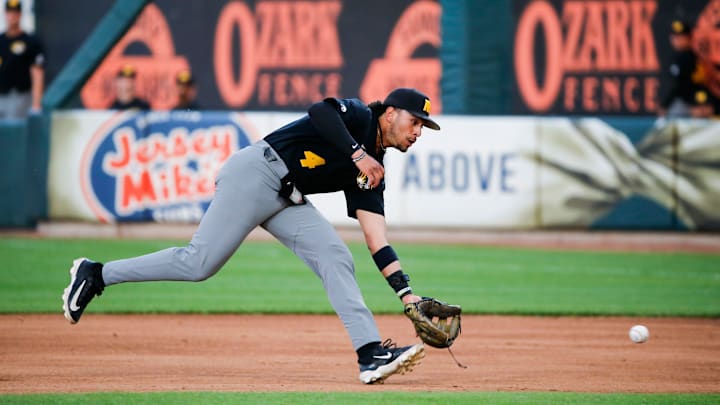 Mizzou's Matt Garcia fields a ball as the Tigers took on the Missouri State Bears at Hammons Field on Tuesday, April 16, 2024.