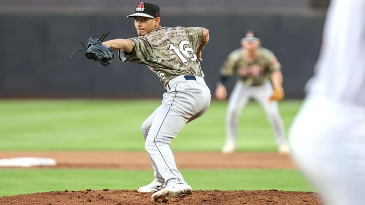 Arkansas Travelers' Blas Castano (16) pitches the ball in a Texas League Championship game against the Amarillo Sod Poodles. 