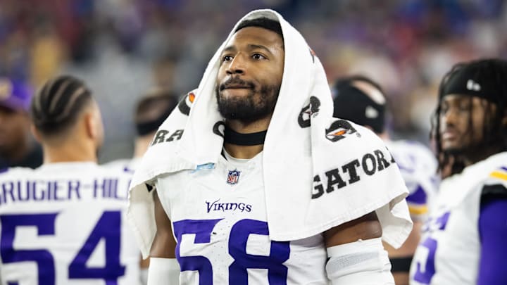 Jan 13, 2025; Glendale, AZ, USA; Minnesota Vikings linebacker Jonathan Greenard (58) against the Los Angeles Rams during an NFC wild card game at State Farm Stadium.
