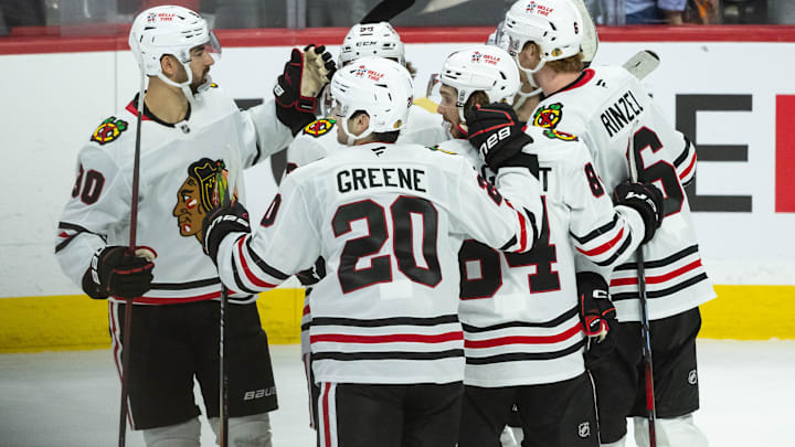Apr 15, 2025; Ottawa, Ontario, CAN; The Chicago Blackhawks celebrate a goal scored by center Frank Nazar (91) in overtime against the Ottawa Senators at the Canadian Tire Centre. Mandatory Credit: Marc DesRosiers-Imagn Images