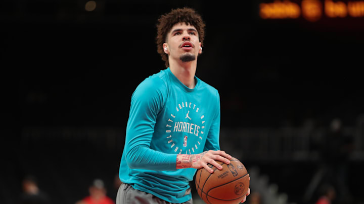 Mar 12, 2025; Atlanta, Georgia, USA; Charlotte Hornets guard LaMelo Ball (1) warms up on the court before the game against the Atlanta Hawks at State Farm Arena. Mandatory Credit: Mady Mertens-Imagn Images