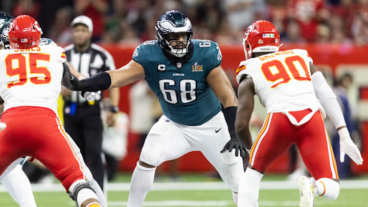 Feb 9, 2025; New Orleans, LA, USA; Philadelphia Eagles offensive tackle Jordan Mailata (68) against the Kansas City Chiefs during Super Bowl LIX at Ceasars Superdome. Feb 9, 2025; New Orleans, LA, USA; Philadelphia Eagles offensive tackle Jordan Mailata (68) against the Kansas City Chiefs during Super Bowl LIX at Ceasars Superdome.