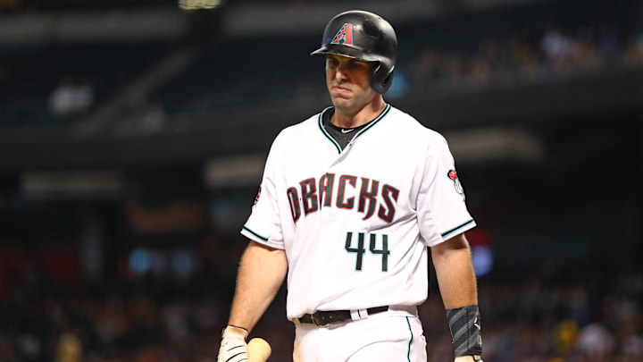 Sep 25, 2018; Phoenix, AZ, USA; Arizona Diamondbacks first baseman Paul Goldschmidt reacts after striking out in the sixth inning against the Los Angeles Dodgers at Chase Field. Mandatory Credit: Mark J. Rebilas-Imagn Images