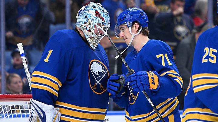 Buffalo Sabres goaltender Ukko-Pekka Luukkonen and center Ryan McLeod Buffalo Sabres goaltender Ukko-Pekka Luukkonen and center Ryan McLeod