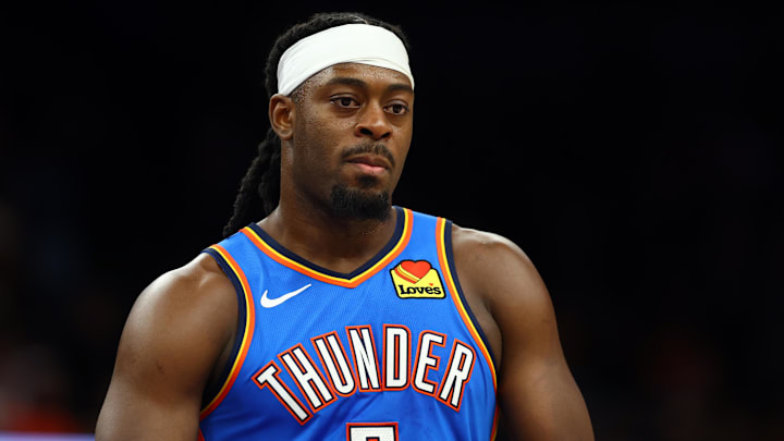 Apr 27, 2026; Phoenix, Arizona, USA; Oklahoma City Thunder guard Luguentz Dort (5) against the Phoenix Suns during game four of the first round of the 2026 NBA Playoffs at Mortgage Matchup Center. Mandatory Credit: Mark J. Rebilas-Imagn Images Apr 27, 2026; Phoenix, Arizona, USA; Oklahoma City Thunder guard Luguentz Dort (5) against the Phoenix Suns during game four of the first round of the 2026 NBA Playoffs at Mortgage Matchup Center. Mandatory Credit: Mark J. Rebilas-Imagn Images