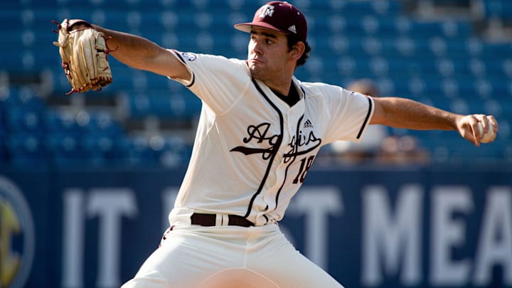 May 28, 2022; Hoover, AL, USA; Texas A&M pitcher Ryan Prager pitches against Florida during the