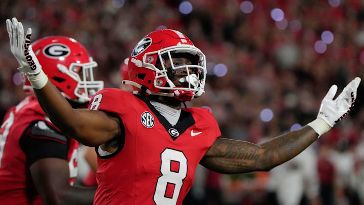 Georgia Bulldogs wide receiver Colbie Young (8) celebrates after scoring a touchdown during the first half of a NCAA college football game against Alabama in Athens, Ga., on Saturday, September 27, 2025. Georgia Bulldogs wide receiver Colbie Young (8) celebrates after scoring a touchdown during the first half of a NCAA college football game against Alabama in Athens, Ga., on Saturday, September 27, 2025.