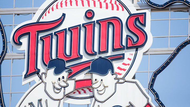 The Minnesota Twins logo in center field during a game against the Oakland Athletics at Target Field in Minneapolis on May 4, 2017.
