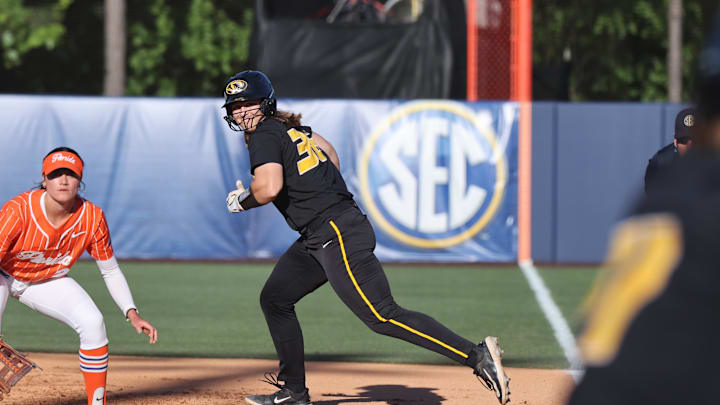 May 9, 2024; Auburn, AL, USA; Missouri Tigers first baseman Abby Hay (36) takes a lead off the bag against the Florida Gators during the SEC Softball Championship game at Jane B. Moore Field. Mandatory Credit: John Reed-Imagn Images May 9, 2024; Auburn, AL, USA; Missouri Tigers first baseman Abby Hay (36) takes a lead off the bag against the Florida Gators during the SEC Softball Championship game at Jane B. Moore Field. Mandatory Credit: John Reed-Imagn Images
