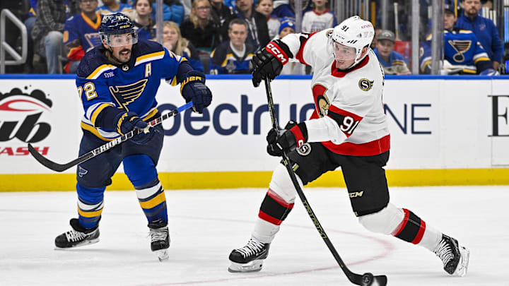 Dec 14, 2023; St. Louis, Missouri, USA;  Ottawa Senators right wing Vladimir Tarasenko (91) shoots against the St. Louis Blues during the first period at Enterprise Center. Mandatory Credit: Jeff Curry-Imagn Images