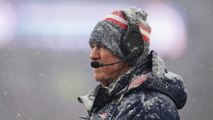 Jan 7, 2024; Foxborough, Massachusetts, USA; New England Patriots head coach Bill Belichick watches from the sideline as they take on the New York Jets at Gillette Stadium.