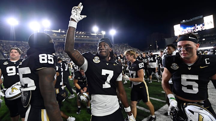 Vanderbilt safety Marlen Sewell (7) celebrates after defeating Auburn at FirstBank Stadium in Nashville, Tenn., Saturday, Nov. 8, 2025.