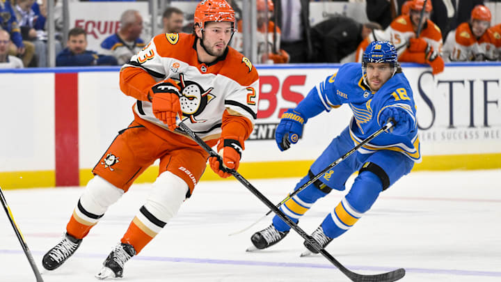 Dec 1, 2025; St. Louis, Missouri, USA; Anaheim Ducks center Mason McTavish (23) controls the puck against the St. Louis Blues during the third period at Enterprise Center. Mandatory Credit: Jeff Curry-Imagn Images