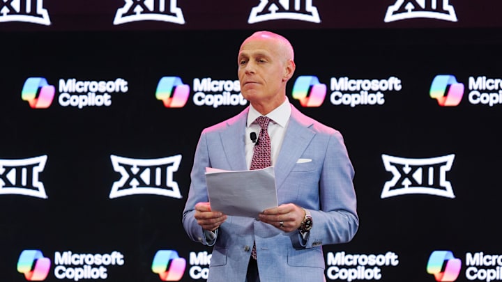 Jul 8, 2025; Frisco, TX, USA; Big 12 Commissioner Brett Yormark addresses the media during the 2025 Big 12 Football Media Days at The Star. Mandatory Credit: Raymond Carlin III-Imagn Images Jul 8, 2025; Frisco, TX, USA; Big 12 Commissioner Brett Yormark addresses the media during the 2025 Big 12 Football Media Days at The Star. Mandatory Credit: Raymond Carlin III-Imagn Images