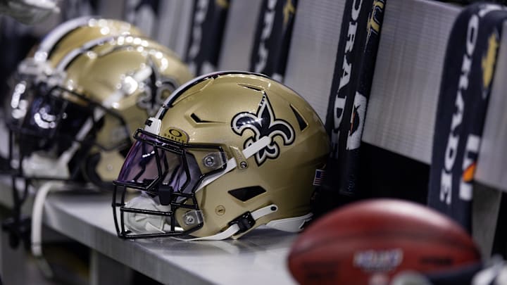 Nov 5, 2023; New Orleans, Louisiana, USA;  Detailed view of the New Orleans Saints helmets on the team bench against the Chicago Bears during the first half at the Caesars Superdome. Mandatory Credit: Stephen Lew-Imagn Images