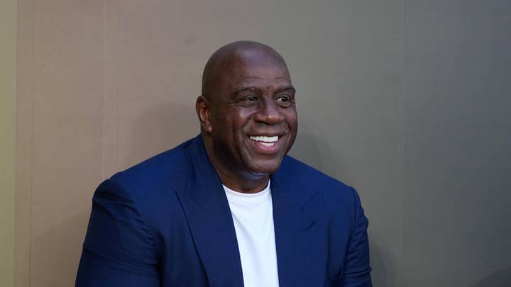 Feb 22, 2026; Los Angeles, CA, USA; Magic Johnson at unveiling of statue of former Los Angeles Lakers coach Pat Riley at the Crypto.com Arena.  Mandatory Credit: Kirby Lee-Imagn Images