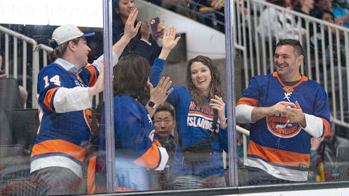 Mar 7, 2024; San Jose, California, USA; New York Islanders fans celebrate during the second period
