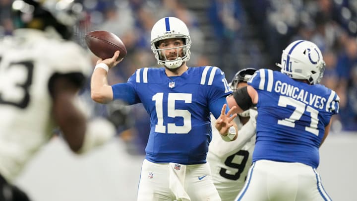 Indianapolis Colts quarterback Joe Flacco (15) looks for an open receiver downfield Sunday, Jan. 5, 2025, during a game against the Jacksonville Jaguars at Lucas Oil Stadium in Indianapolis.