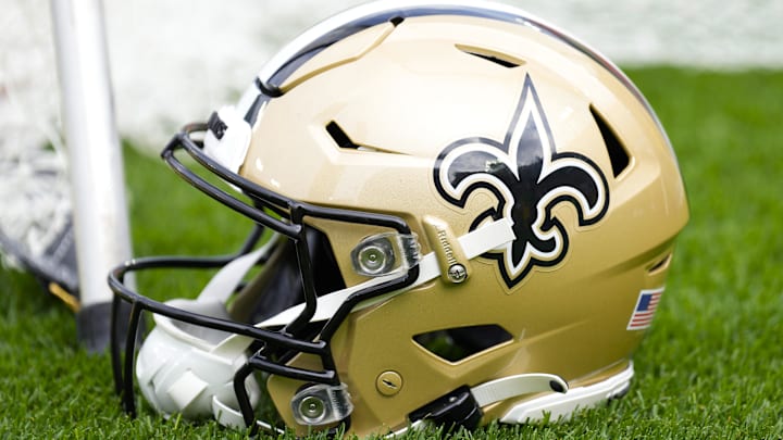 Sep 24, 2023; Green Bay, Wisconsin, USA; An New Orleans Saints helmet during warmups prior to the game against the Green Bay Packers at Lambeau Field. Mandatory Credit: Jeff Hanisch-Imagn Images Sep 24, 2023; Green Bay, Wisconsin, USA; An New Orleans Saints helmet during warmups prior to the game against the Green Bay Packers at Lambeau Field. Mandatory Credit: Jeff Hanisch-Imagn Images