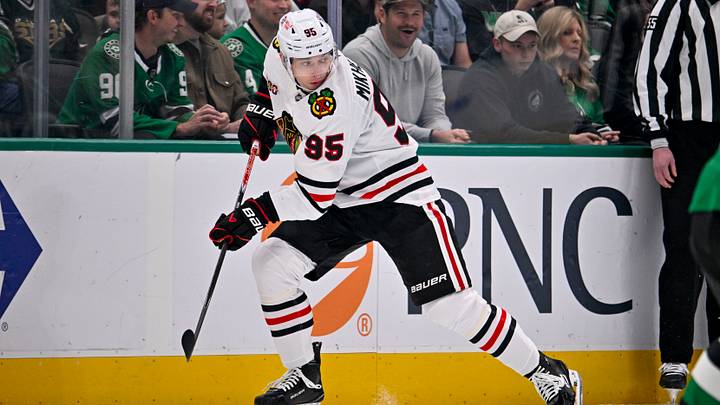 Mar 8, 2026; Dallas, Texas, USA; Chicago Blackhawks right wing Ilya Mikheyev (95) skates against the Dallas Stars during the game between the Stars and the Blackhawks at American Airlines Center. Mandatory Credit: Jerome Miron-Imagn Images