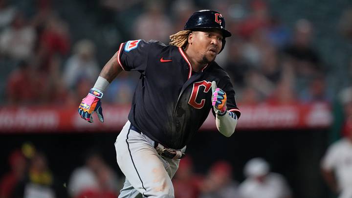 Aug 25, 2026; Anaheim, California, USA; Cleveland Guardians third baseman Jose Ramírez (11) hits a two RBI double in the 10th inning against the Los Angeles Angels at Angel Stadium. Mandatory Credit: Kirby Lee-Imagn Images Aug 25, 2026; Anaheim, California, USA; Cleveland Guardians third baseman Jose Ramírez (11) hits a two RBI double in the 10th inning against the Los Angeles Angels at Angel Stadium. Mandatory Credit: Kirby Lee-Imagn Images