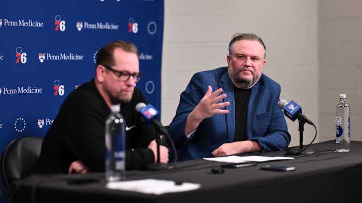 Apr 13, 2025; Philadelphia, Pennsylvania, USA; Philadelphia 76ers president of basketball operations Daryl Morey addresses the media with head coach Nick Nurse after the game against the Chicago Bulls at Wells Fargo Center. Mandatory Credit: Kyle Ross-Imagn Images Apr 13, 2025; Philadelphia, Pennsylvania, USA; Philadelphia 76ers president of basketball operations Daryl Morey addresses the media with head coach Nick Nurse after the game against the Chicago Bulls at Wells Fargo Center. Mandatory Credit: Kyle Ross-Imagn Images