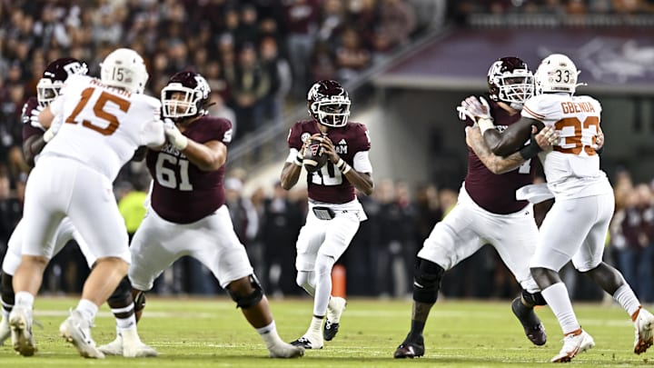 Texas A&M Aggies quarterback Marcel Reed (10) attempts to pass the ball against the Texas Longhorns during the first quarter. The Longhorns defeated the Aggies 17-7 at Kyle Field.