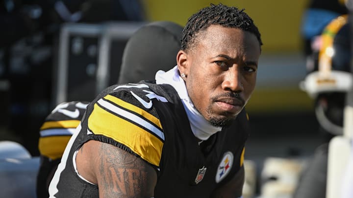 Dec 8, 2024; Pittsburgh, Pennsylvania, USA; Pittsburgh Steelers cornerback Joey Porter Jr. (24) sits on the bench during a game against the Cleveland Browns at Acrisure Stadium. Mandatory Credit: Barry Reeger-Imagn Images