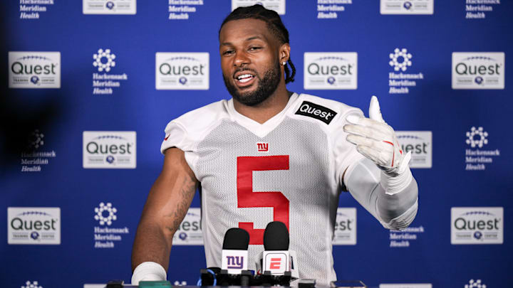 Jun 17, 2025; East Rutherford, NJ, USA; New York Giants linebacker Kayvon Thibodeaux (5) speaks at a press conference during minicamp at Quest Diagnostics Training Center. Mandatory Credit: John Jones-Imagn Images