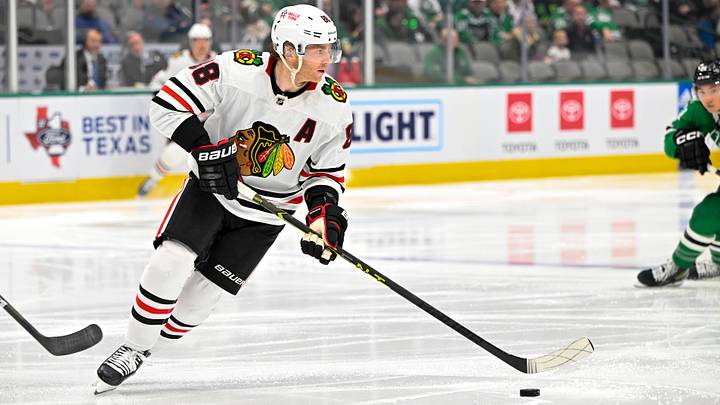 Feb 22, 2023; Dallas, Texas, USA; Chicago Blackhawks right wing Patrick Kane (88) in action during the game between the Dallas Stars and the Chicago Blackhawks at American Airlines Center. Mandatory Credit: Jerome Miron-USA TODAY Sports
